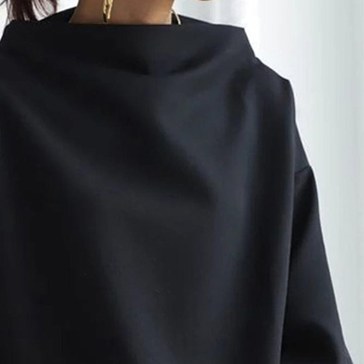 Wilhelmina white high-neck long sleeve top, front view smiling