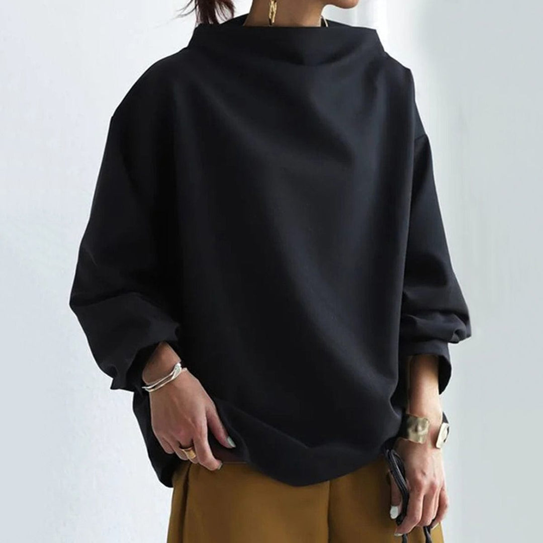 Wilhelmina white high-neck long sleeve top, front view smiling