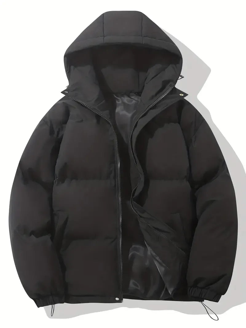 Florence black hooded puffer jacket, front view with zip open