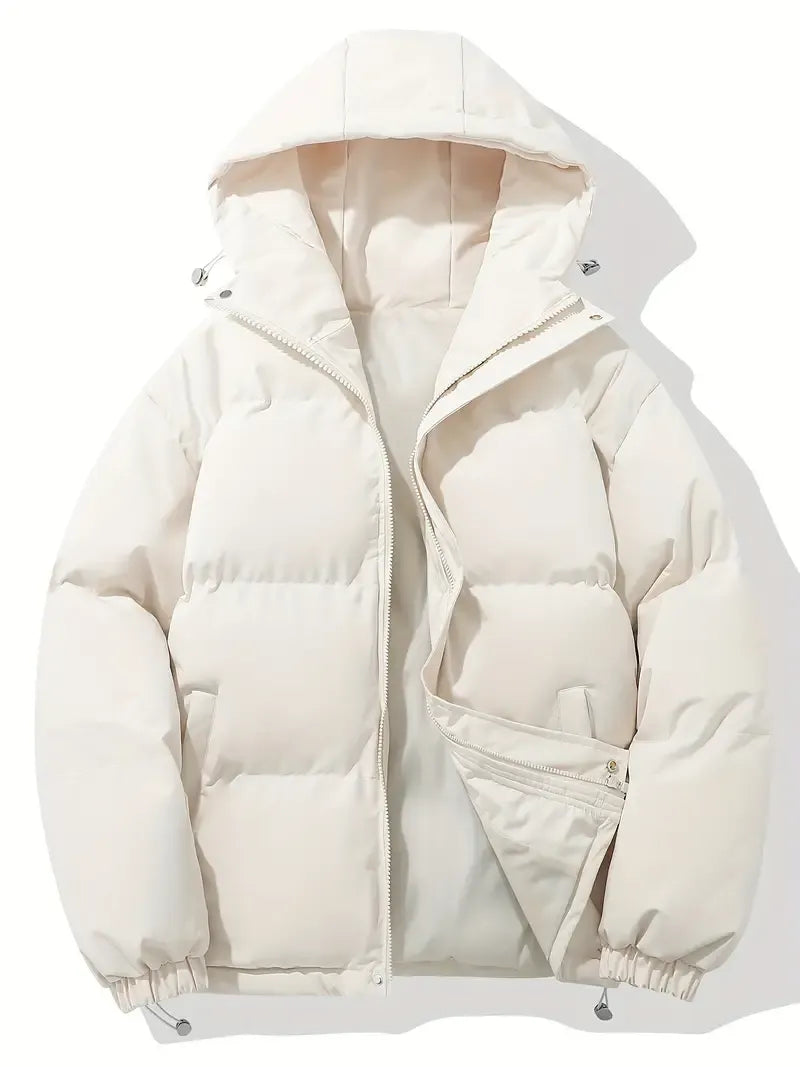 Florence cream hooded puffer jacket, front view with zip open