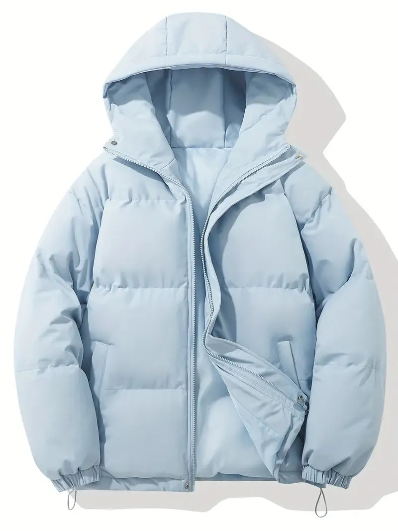 Florence light blue hooded puffer jacket, front view with zip open