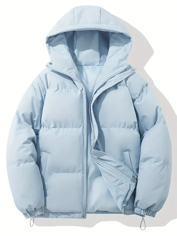 Florence light blue hooded puffer jacket, front view with zip open