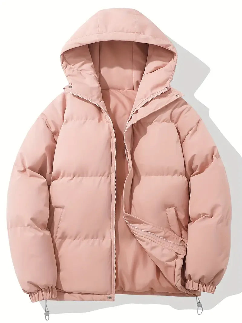 Florence light blue hooded puffer jacket, front view with zip open