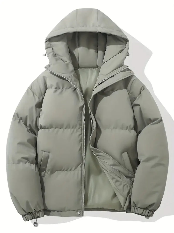 Florence light blue hooded puffer jacket, front view with zip open