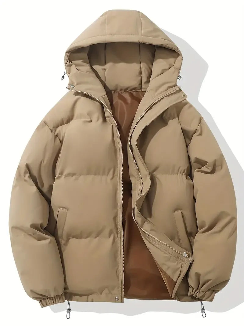 Florence light blue hooded puffer jacket, front view with zip open
