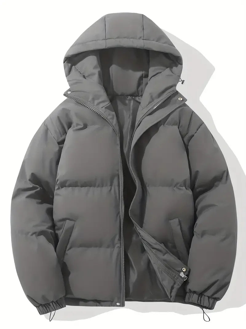 Florence light blue hooded puffer jacket, front view with zip open
