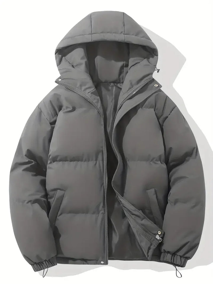 Florence light blue hooded puffer jacket, front view with zip open