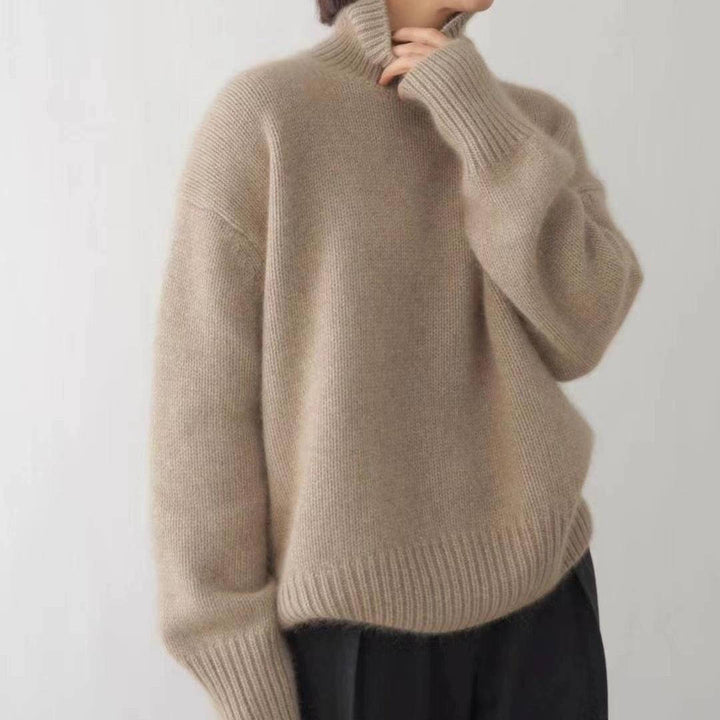 Marigold turtleneck jumper in khaki, close-up front view