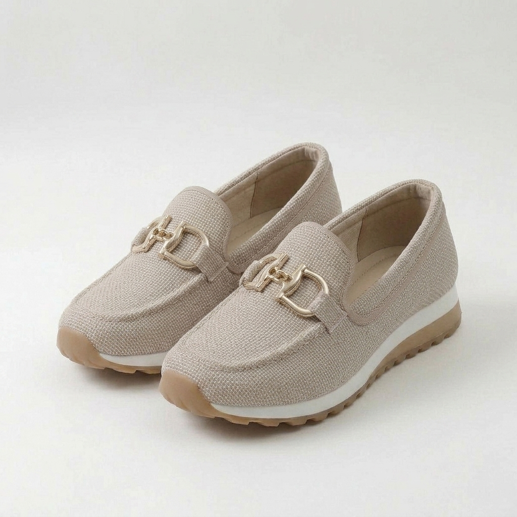 Beatrix orthopaedic slip-on loafer trainers in beige, side view of pair