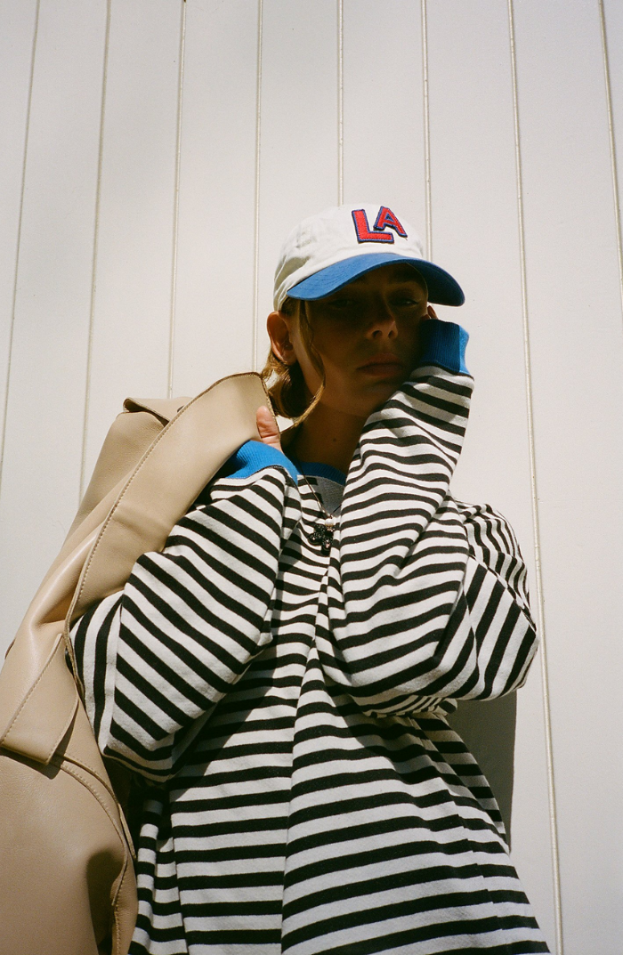 Wilhelmina blue striped oversized sweatshirt, back view
