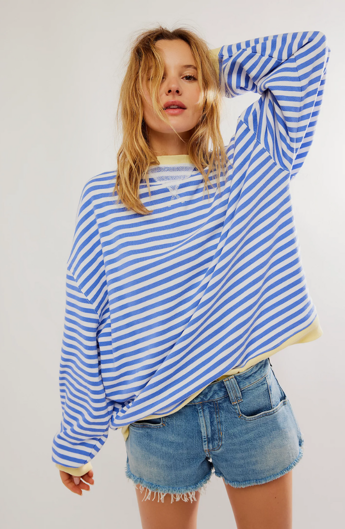 Wilhelmina blue striped oversized sweatshirt, front view
