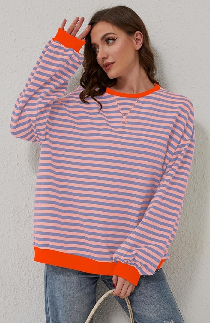 Wilhelmina blue striped oversized sweatshirt, back view