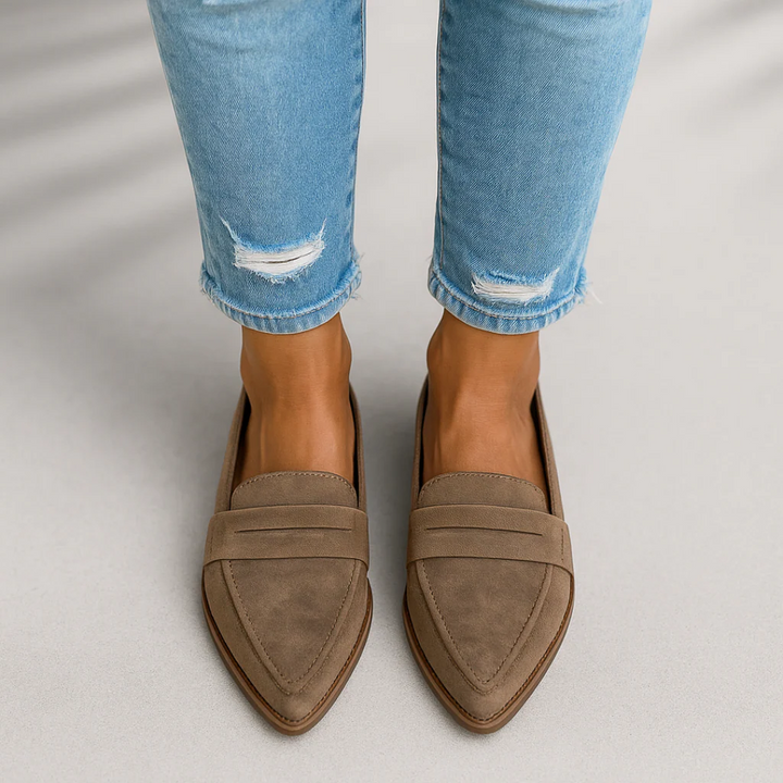 Rosalind loafers in khaki suede, front view on model