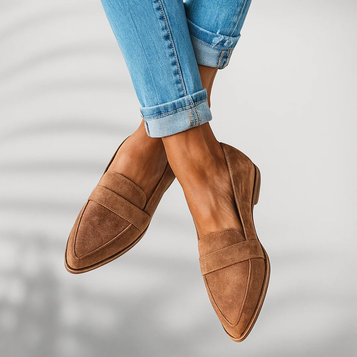 Rosalind loafers in tan suede, crossed ankle pose