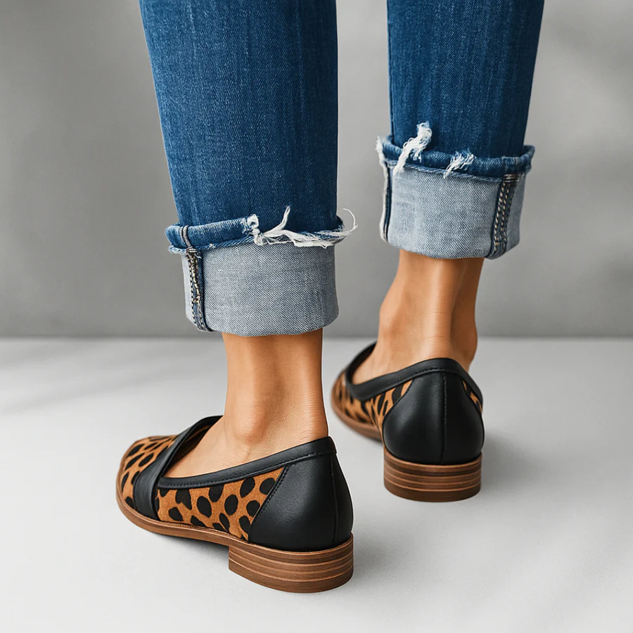 Rosalind loafers in leopard print, back view showing heel