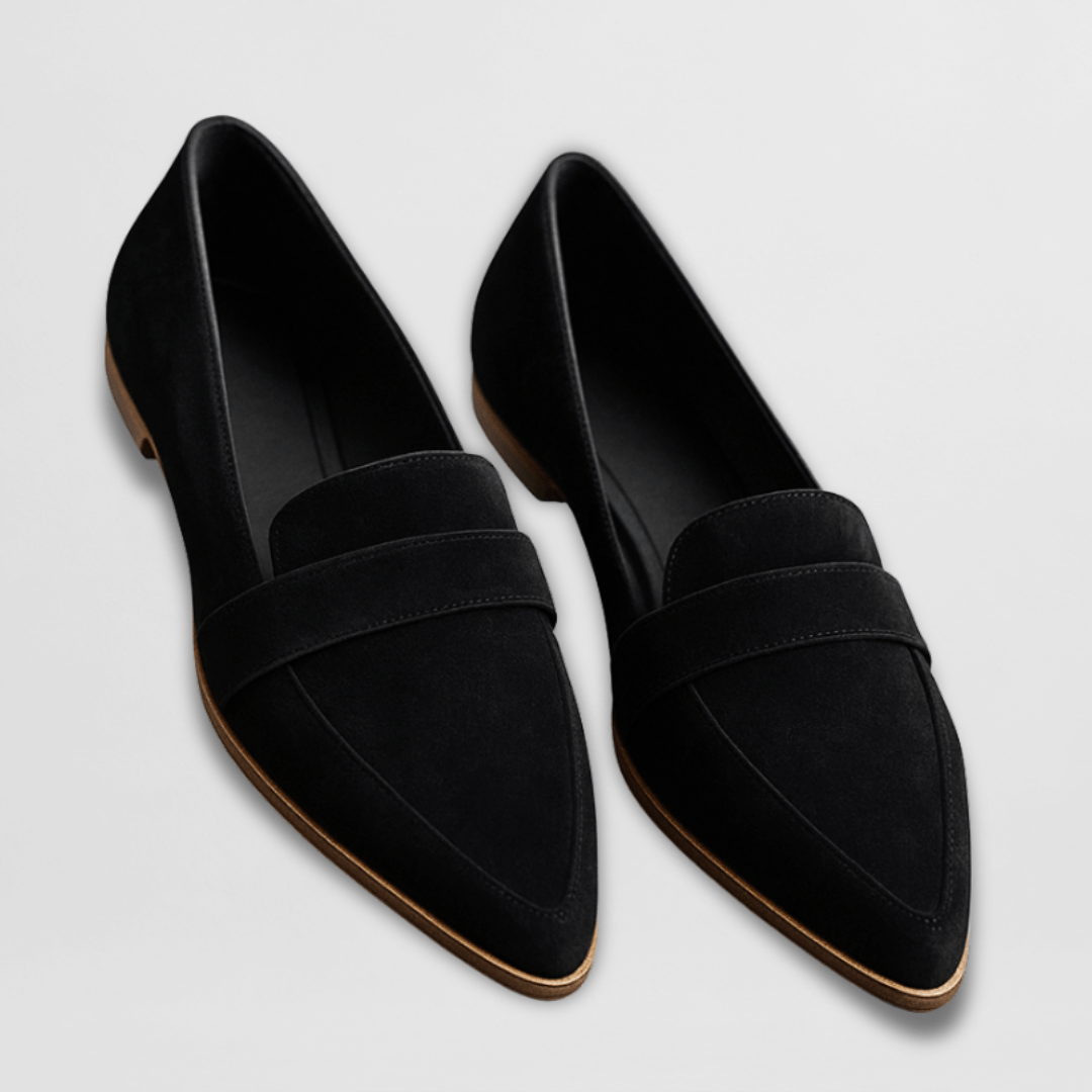 Rosalind suede penny loafers in black, pair shown on plain background
