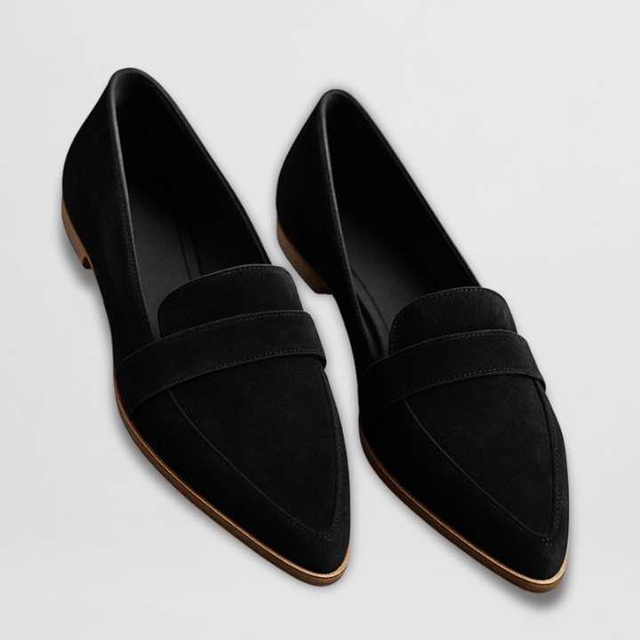 Rosalind suede penny loafers in black, pair shown on plain background