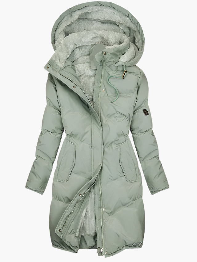Felicity quilted hooded long coat in sage green, front view with hood up