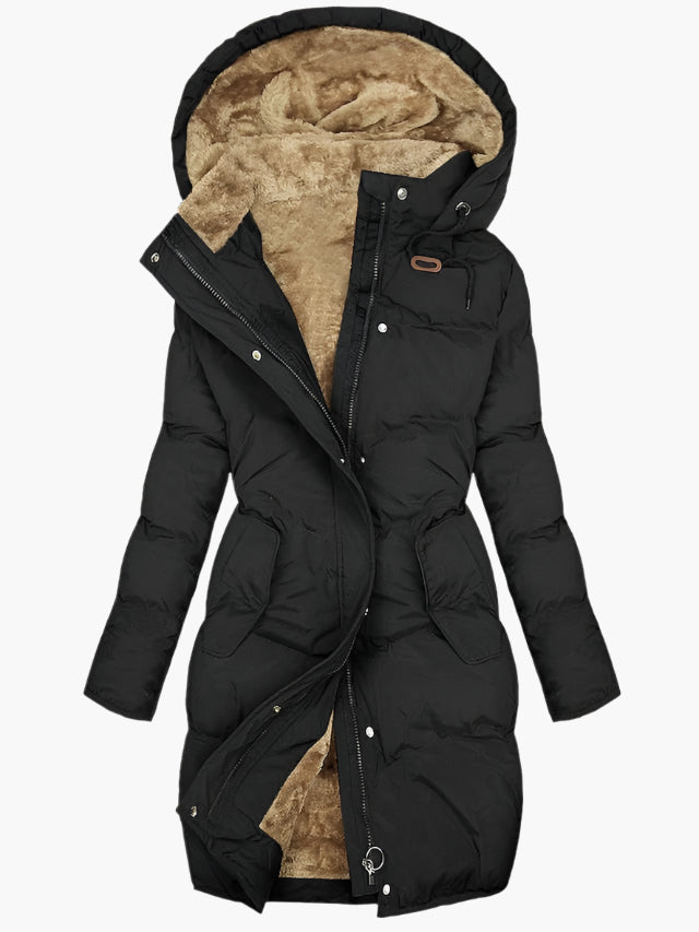 Felicity quilted hooded long coat in black, front view with hood up