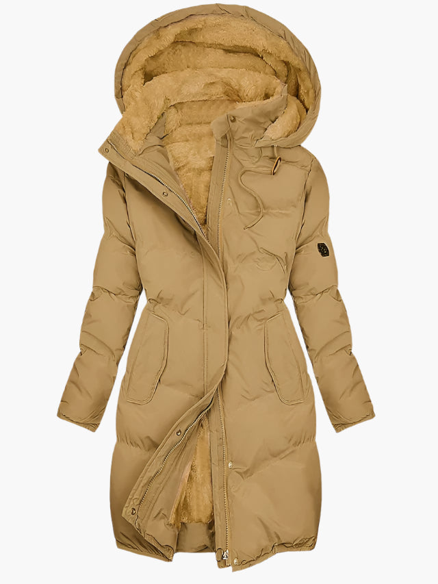 Felicity quilted hooded long coat in camel, front view with hood up