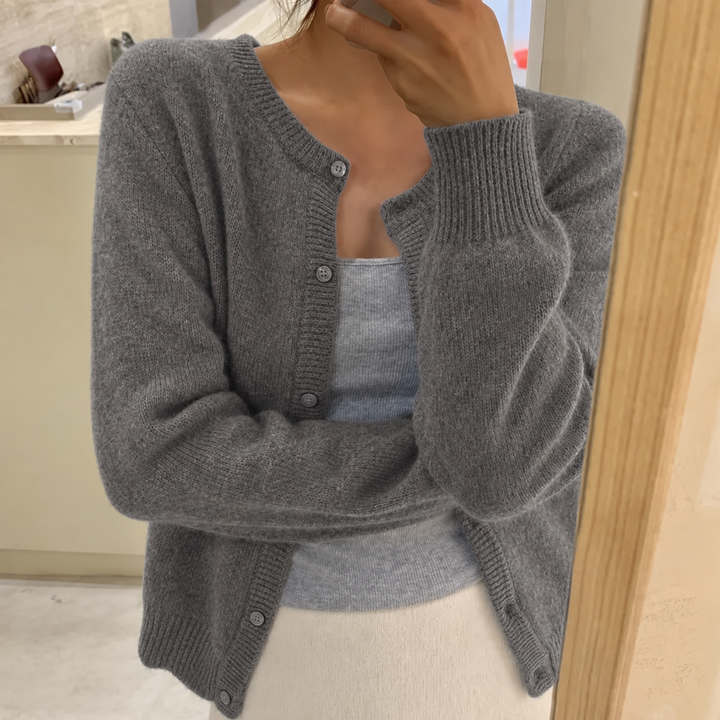 Harriet grey knit cardigan with round neckline and button front, front view