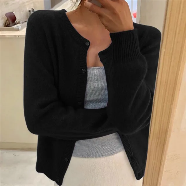 Harriet black knit cardigan with round neckline and button front, front view