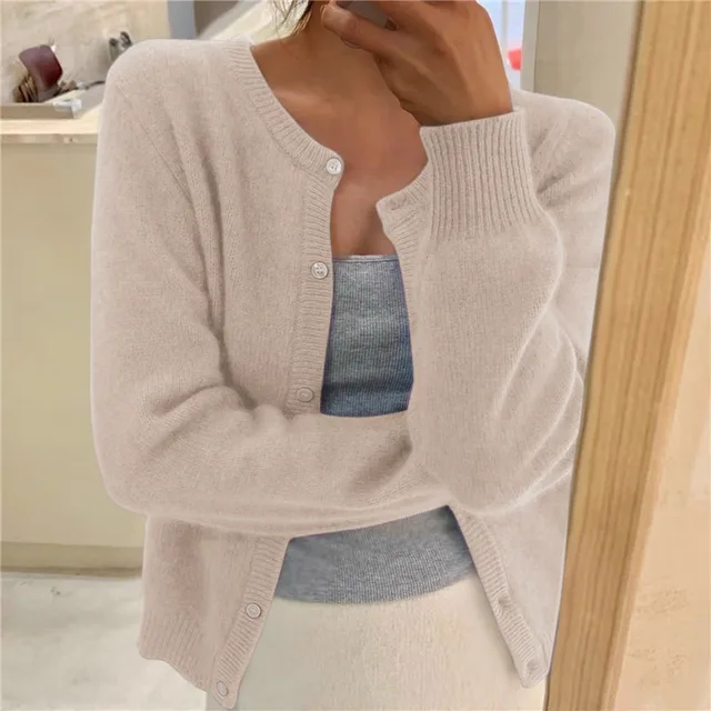 Harriet beige knit cardigan with round neckline and button front, front view