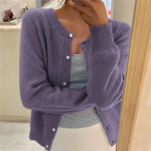 Harriet purple knit cardigan with round neckline and button front, front view