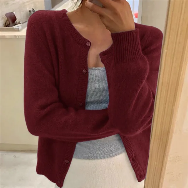 Harriet purple knit cardigan with round neckline and button front, front view